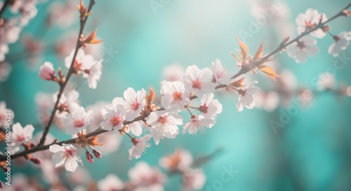 Dreamy cherry blossoms against a soft teal background
