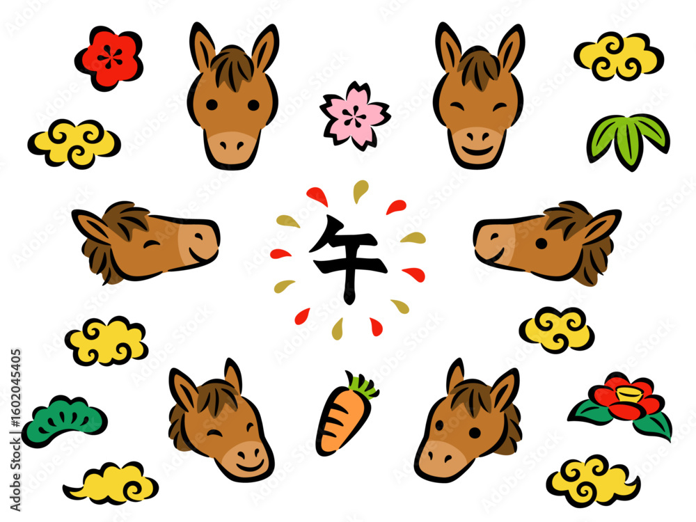 Obraz premium 手描き風の馬の顔と和風のアイコンセット