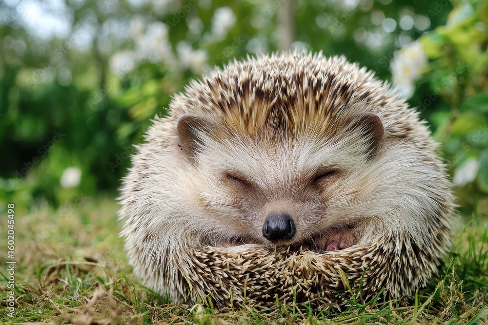 Fototapeta premium The hedgehog looks adorable curled up on the grass in the park