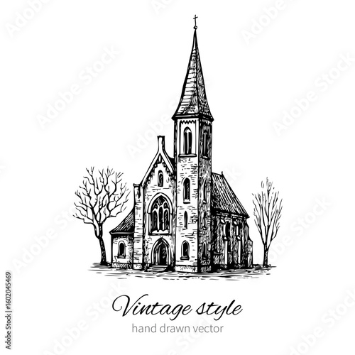 Vintage vector sketch tile old European house, mansion, Historical building sketchy line art isolated, touristic postcard, poster, calendar template, page idea with European house, book illustration