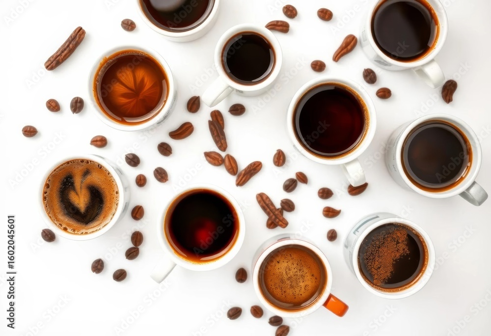 Obraz premium Aromatic hot coffee in various cups on a clean white background, top view, top view, stock