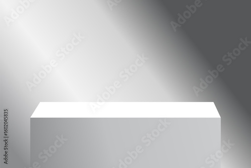 Minimal empty white geometric table, stage, podium, pedestal, platform background for product display with natural light shining down, vector illustration design for presentation cosmetic