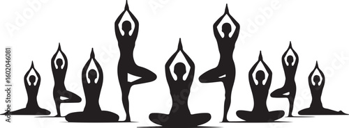 Yoga Poses Woman Silhouette, Set Isolated Over White Background