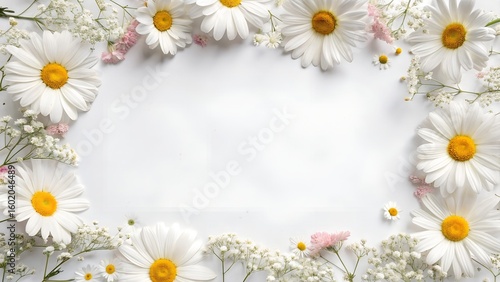 Delicate white daisy floral frame on white background for springtime designs and creative projects