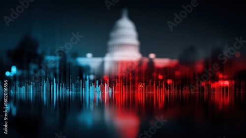 Abstract image of the US Capitol building with red and blue sound wave graphics in the foreground, symbolizing politics and communication