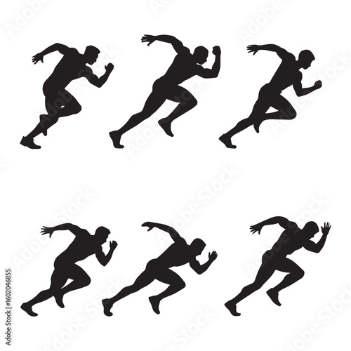 Six black silhouettes of athletes running motion speed