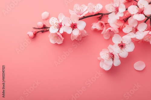 Wallpaper Mural Delicate cherry blossoms on branches with scattered petals, set against a soft pink background, creating a fresh and elegant springtime feel Torontodigital.ca