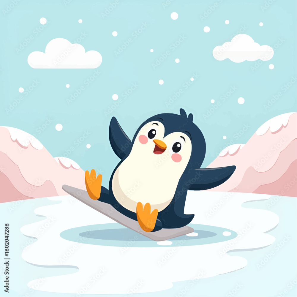 Naklejka premium A cheerful penguin slides playfully across the icy landscape during winter daylight.