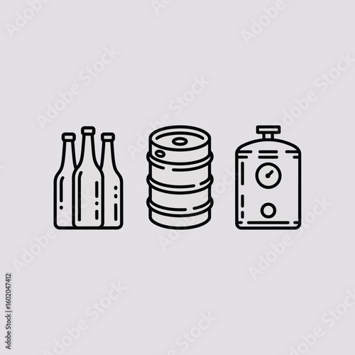 Beer Bottles Keg and Tank Icons on Light Gray Background
