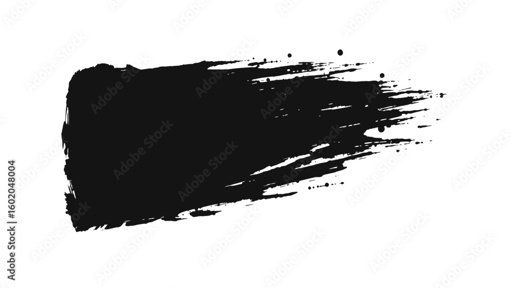 Fototapeta premium A dark expressive brush stroke with a gritty texture and scattered dots isolated on white background