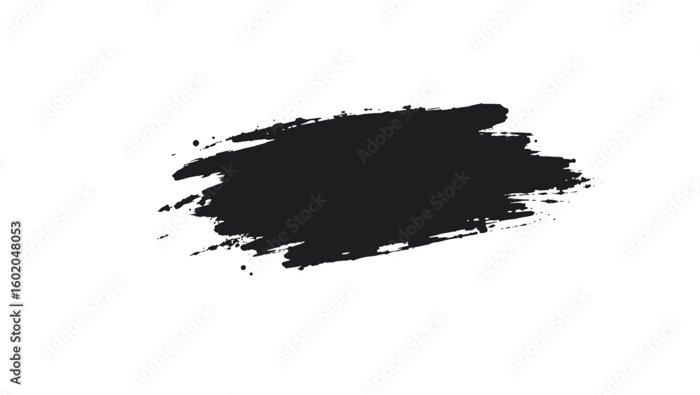 Fototapeta premium A dark textured brush mark with scattered ink splatters isolated on white background