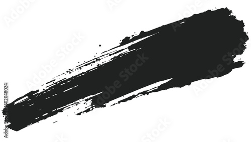A long diagonal black brush swipe with a rough streaky texture isolated on white background