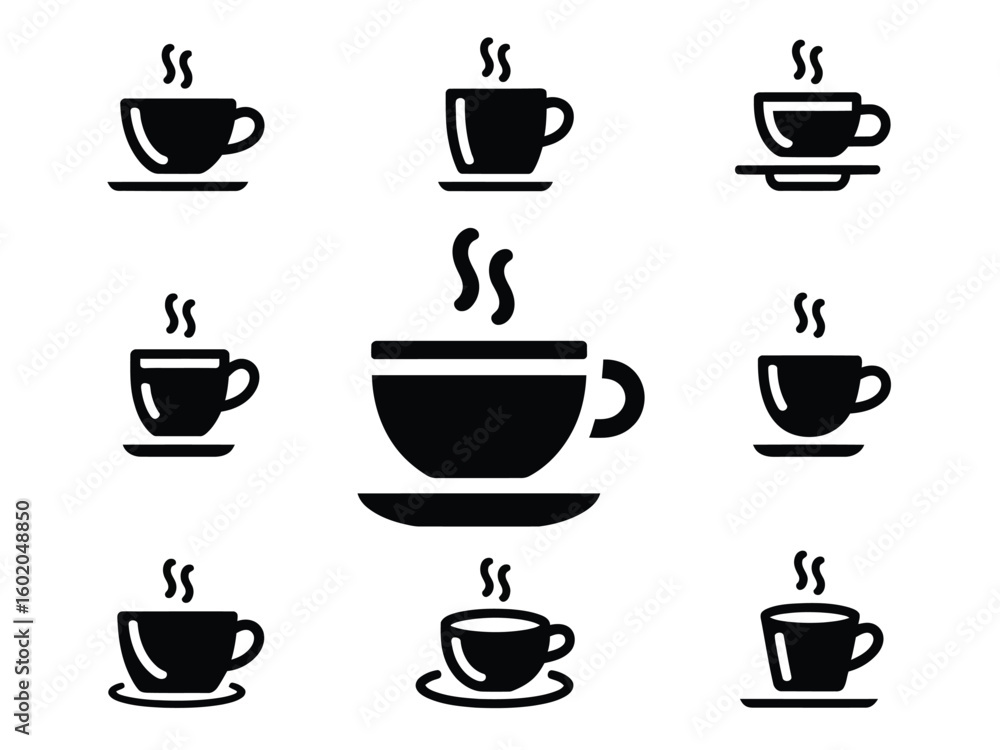 Obraz premium Nine Black Coffee Cup Icons with Steam on White Background