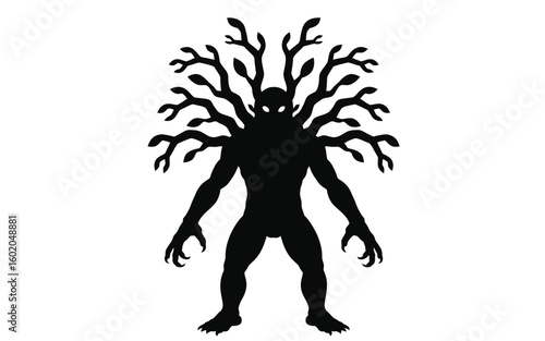 Silhouette of a Tree- Crowned Figure with Claws black