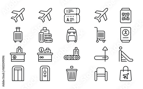 Airport Travel & Luggage Icon Set: Airplane, Tickets, Bags & Check-in for Global Journeys