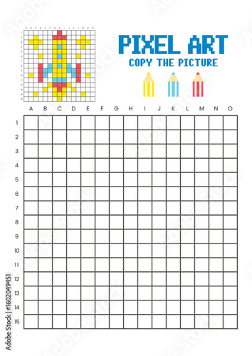 Copy the picture grid drawing worksheet for kids. Pixel art rocket