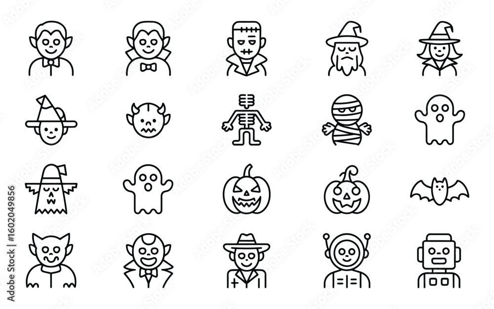 Obraz premium Halloween Character Icon Set: Spooky Monsters, Witches, Vampires & More for Holiday Design Projects