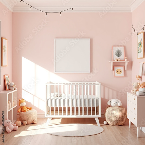 Blank Canvas Mockup in Playful Room Pastel Colored Wall with Cuddly Toys Whimsical Children’s Decor Ideal for Portrait Orientation Framed Art Prints Nursery Artwork Presentation Living Room Display