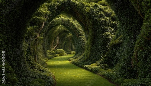 Lush, verdant tunnel of arching trees covered in foliage.  A pathway winds through a dense garden