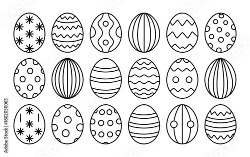 Diverse Set of Black and White Outline Easter Eggs with Geometric Patterns - Ideal for Holiday Crafts, Spring Events, and Digital Design Assets