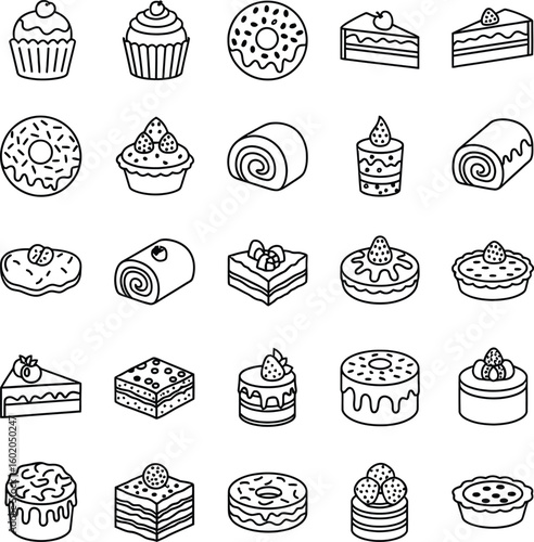 Collection of various sweet treats, outlined in black, including cupcakes, donuts, cakes, pies, and rolls.