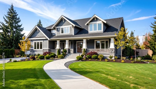Gray Craftsman Home: Landscaped Yard, Sunny Day
