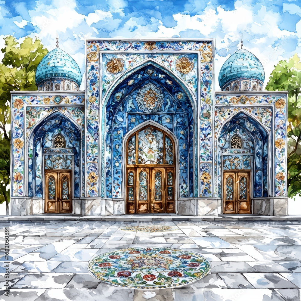 Obraz premium Watercolor Painting of a Blue and White Mosque.