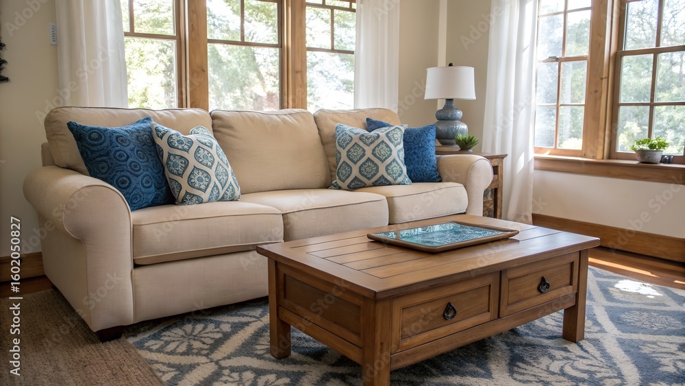 Fototapeta premium Living Room with Beige Sofa and Blue Accent Pillows