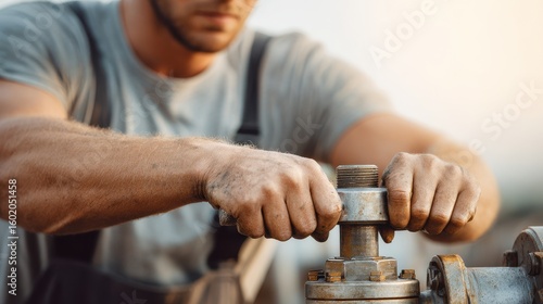 Wallpaper Mural A worker adjusts a metal valve with dirty hands in a warm, outdoor environment, showcasing labor and craftsmanship. Torontodigital.ca