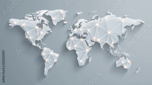 A modern, geometric world map design with a white outline against a soft gray background, emphasizing global connections and networks.