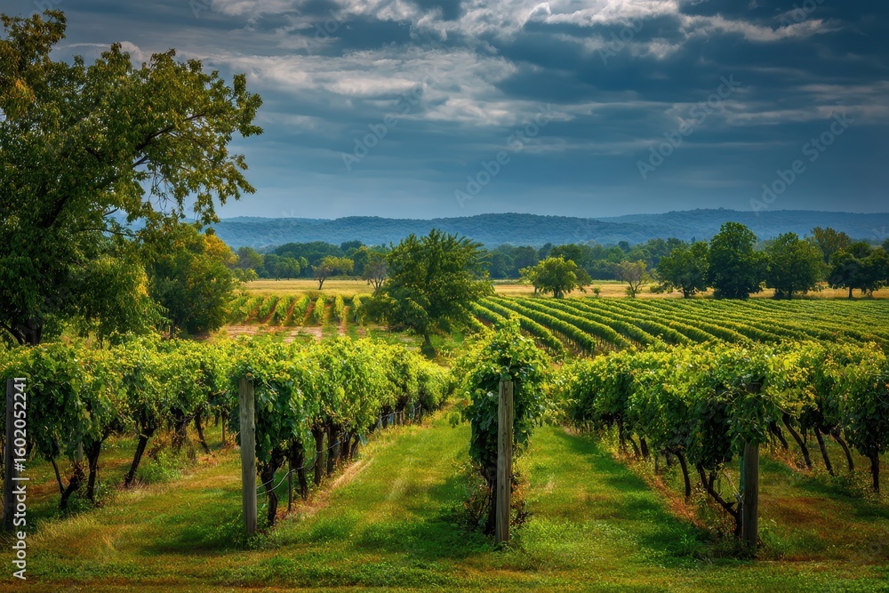 Naklejka premium New York Farm. Vineyards Landscape with Green Fields and Grape Vines Under the Sky