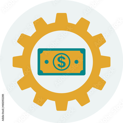 Foto Dollar bill inside a gear, symbolizing financial mechanism or money-making process