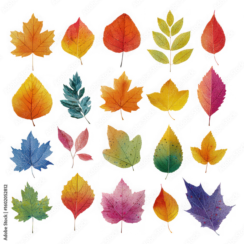 Obraz premium Collection of vibrant watercolor autumn leaves in various shapes and colors isolated on transparent background