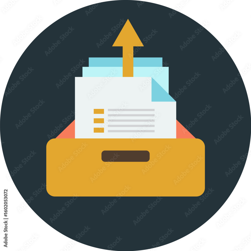 A stylized illustration of a file cabinet drawer with documents being uploaded. A stylized illustration of a file cabinet drawer with documents being uploaded.