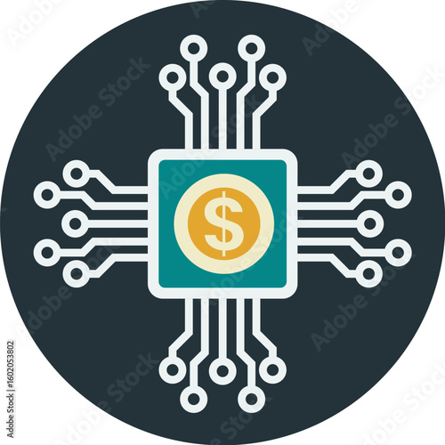 Financial technology circuit board with dollar coin at its core.
