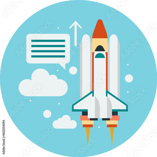 Space shuttle launching, with upward progress and communication.