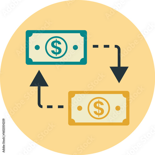 Circular graphic depicting the flow of money, with dollar bills moving in opposite directions.