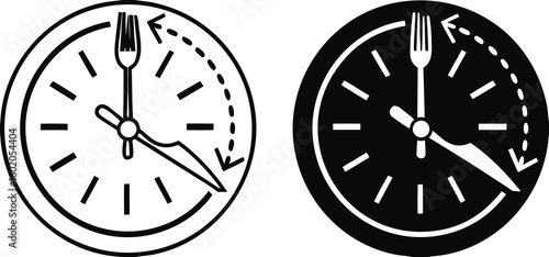Intermittent Fasting Icons. Black and White Vector Illustration. Clock, Knife and Fork. Diet, Healthy Eating. Healthy Lifestyle. Weight Loss Concept
