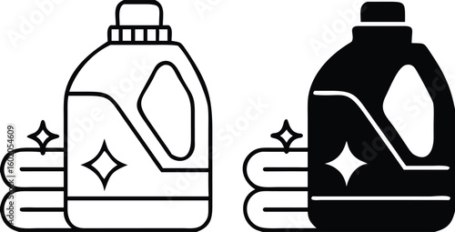 Detergent Icons. Black and White Vector Illustrations. Washing Powder and Towels. Plastic Container for Household Chemicals. Grocery Concept
