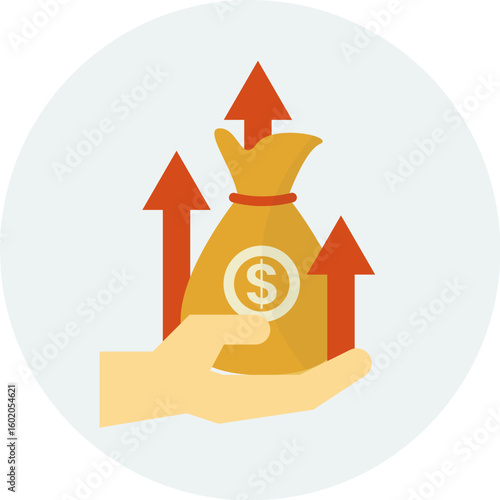 A hand holding a money bag with dollar sign, accompanied by rising arrows, representing financial growth.