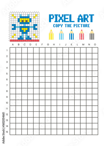 Copy the picture grid drawing worksheet for kids. Pixel art robot