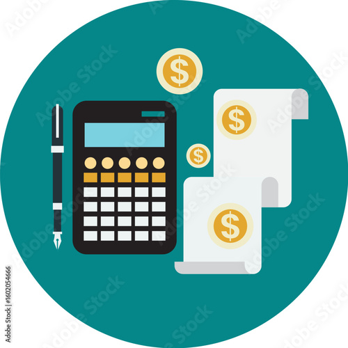 Illustration depicting financial calculations with calculator, pen, receipts, and coins.