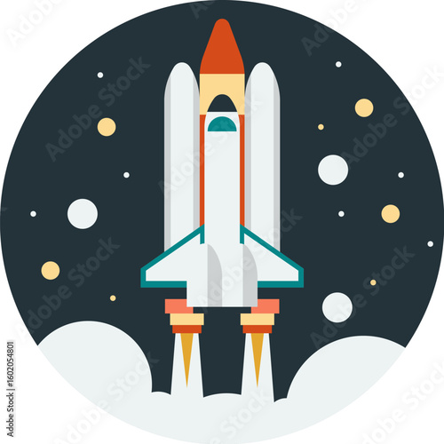 Illustration of a space shuttle launching into space with stars and clouds against a dark blue circular background.