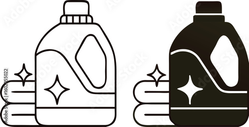Detergent Icons. Black and White Vector Illustrations. Washing Powder and Towels. Plastic Container for Household Chemicals. Grocery Concept
