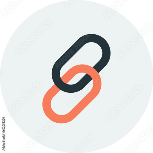 Two interlocking chain links, one dark and one orange, on a light gray background.