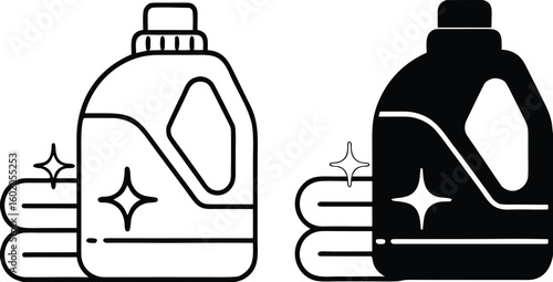 Detergent Icons. Black and White Vector Illustrations. Washing Powder and Towels. Plastic Container for Household Chemicals. Grocery Concept
