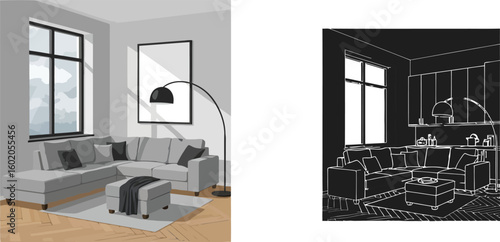 Modern living room design ideas with gray sectional sofa and floor lamp inspiration