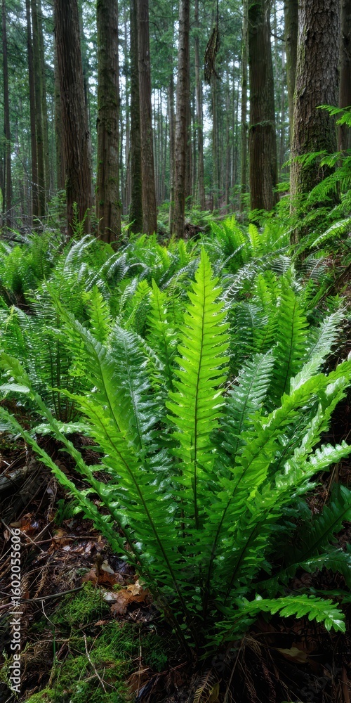 Fototapeta premium Seattle Forest. Tranquil Western Sword Fern in Lush Green Wooded Area