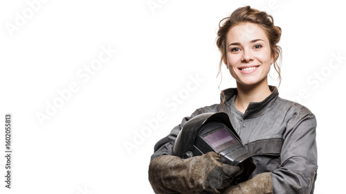 Female welder posing confidently with helmet, isolated on white background.
