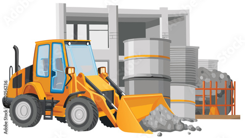 A construction site with a yellow loader in front of a building under construction and gray tanks nearby